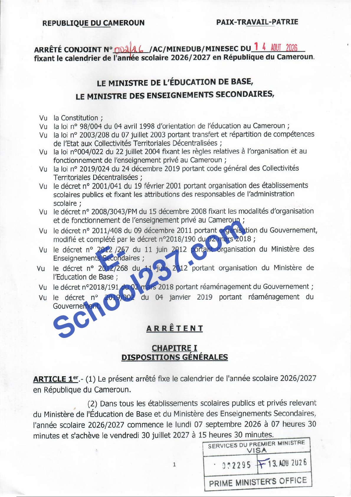 Calendrier scolaire 2026/2027
